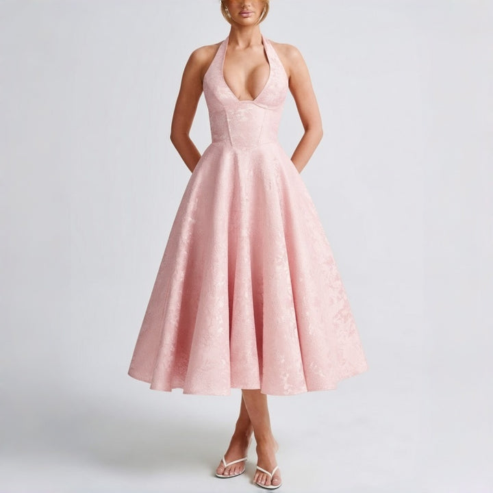 Halter V Neck A Line Midi Dress