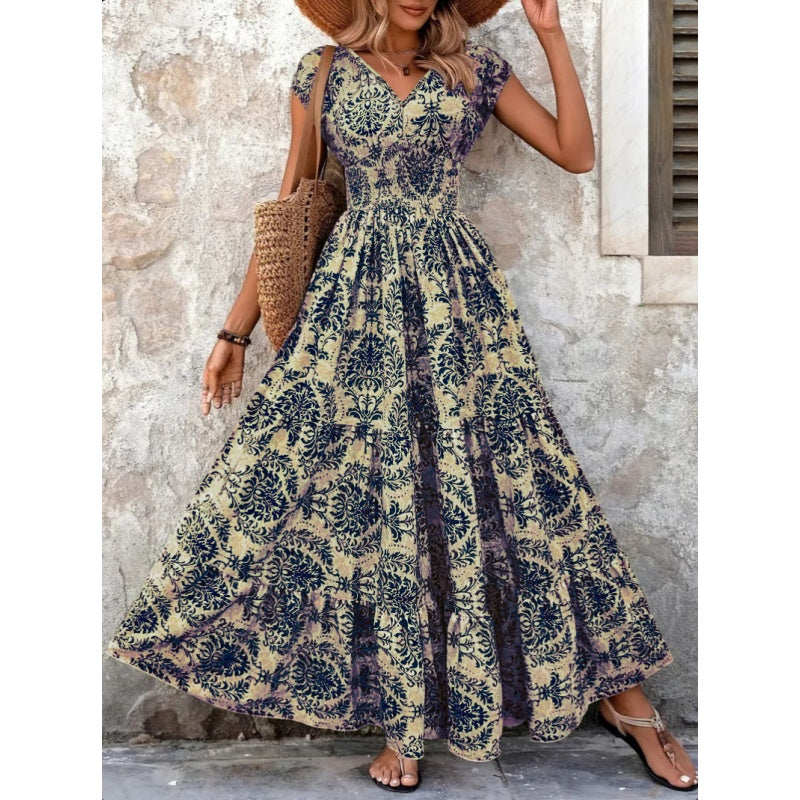Vintage Floral V Neck Maxi Dress