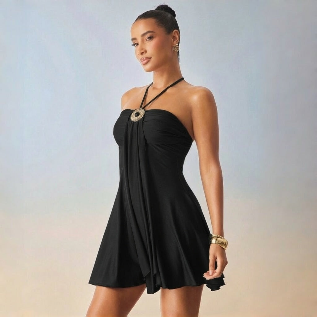 Solid Tie Halter Bandeau Mini Dress