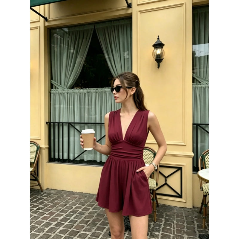 Deep V Ruched Waist Romper