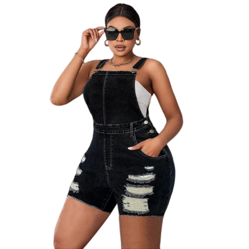 Plus Size Distressed Denim Overall Shorts