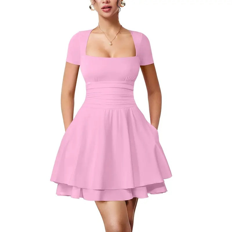 Square Neck Ruffle Pocket Mini Dress