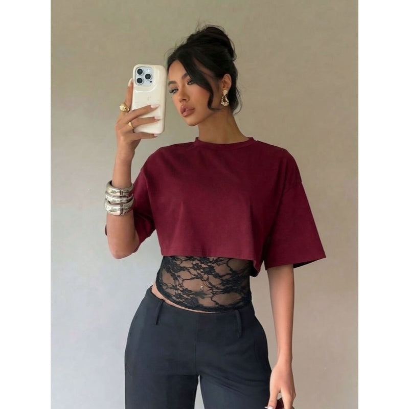 Faux Two Piece Lace Short Sleeve Tee
