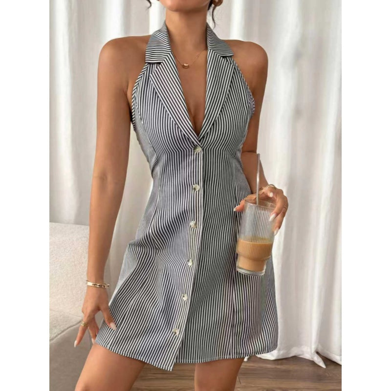 Striped Bow Back Halter Mini Dress