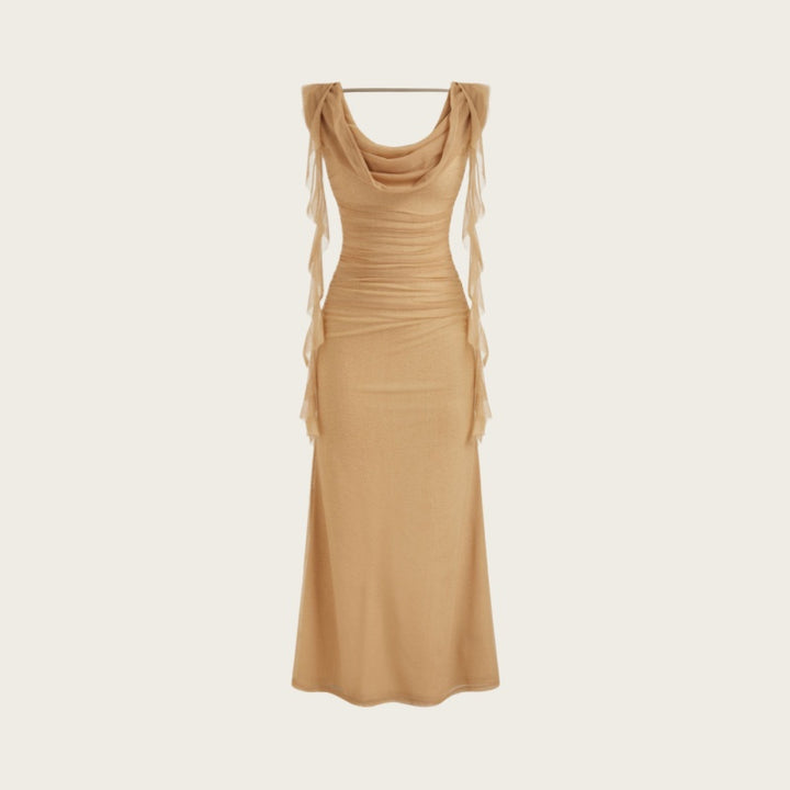 Ruched Ruffle Backless Maxi Dress