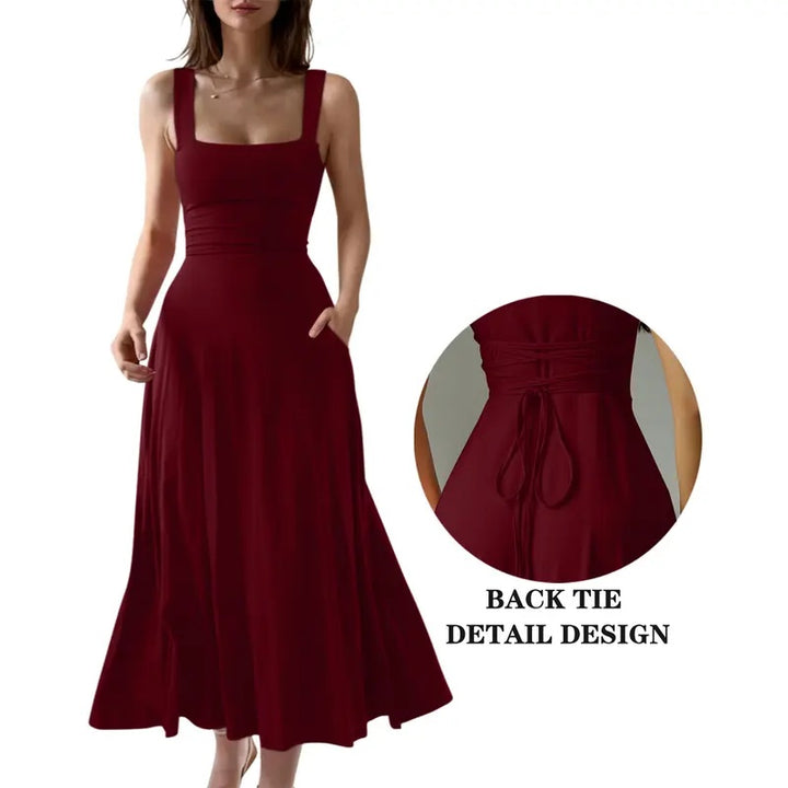 Square Neck Back Tie Pocket Maxi Dress