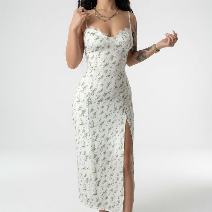 Floral Lace Slit Bodycon Midi Dress