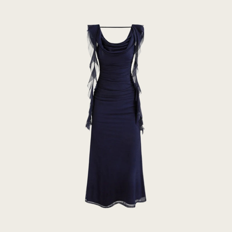 Ruched Ruffle Backless Maxi Dress