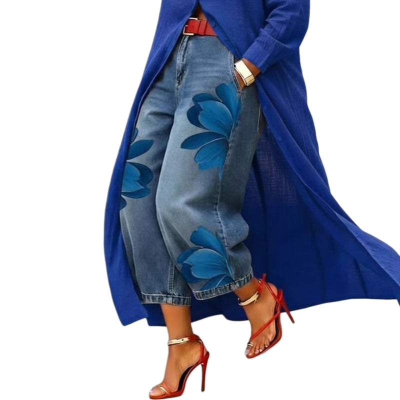 Floral Print Wide Leg Denim Look Pants