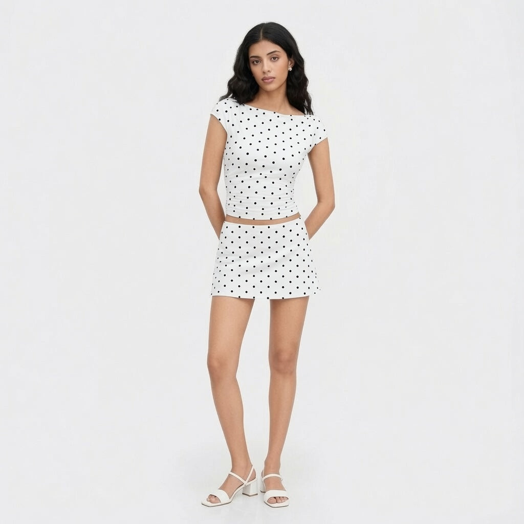 Polka Dot Tee High Waist Skirt Set