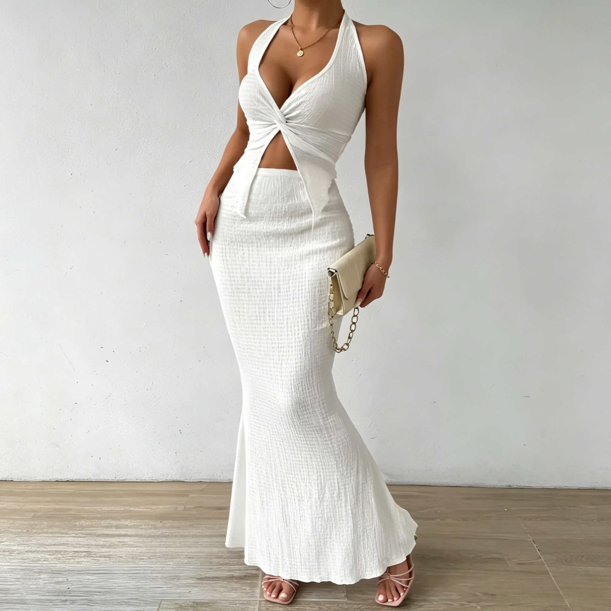 Elegant Halter Midi Skirt Set