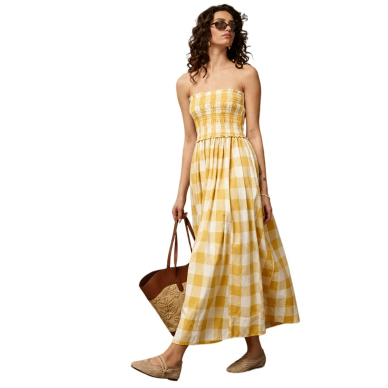 Plaid Strapless Smocked Vacation Dress