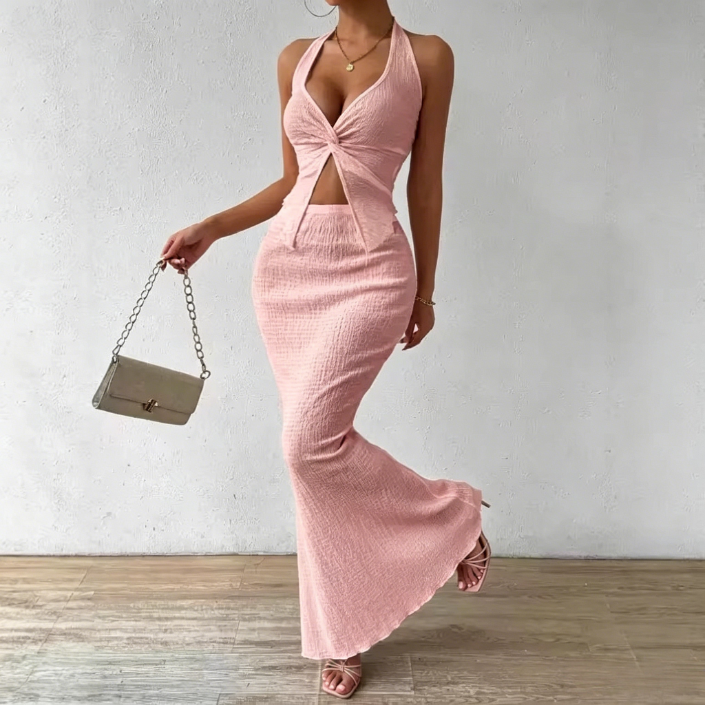 Elegant Halter Midi Skirt Set