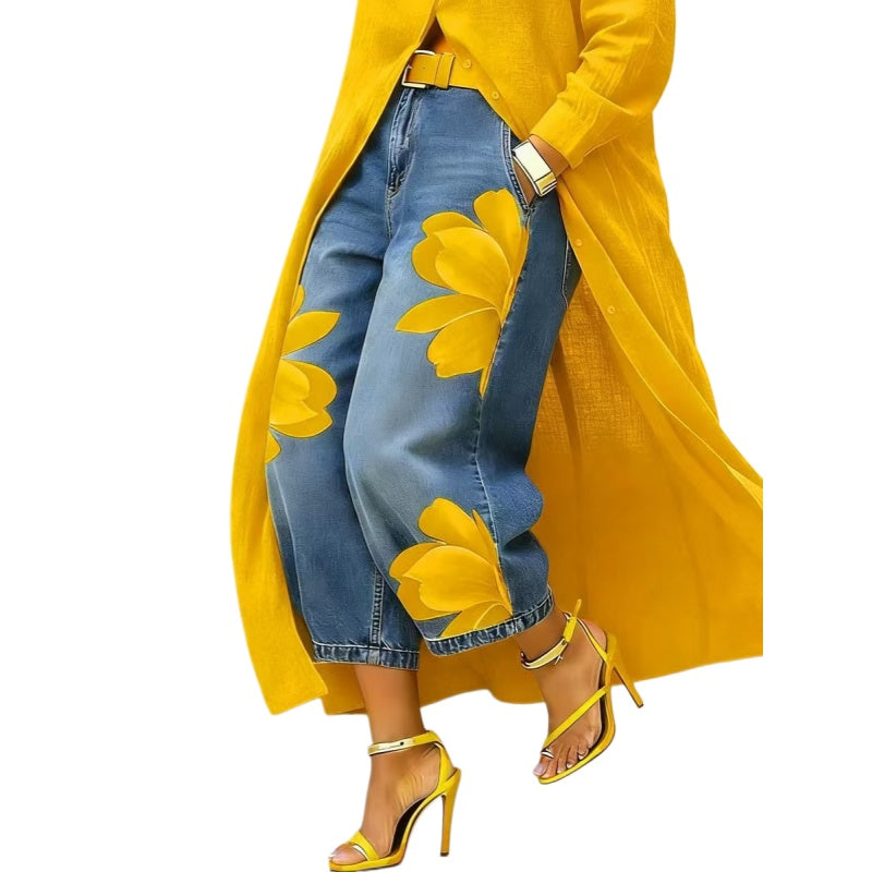 Floral Print Wide Leg Denim Look Pants