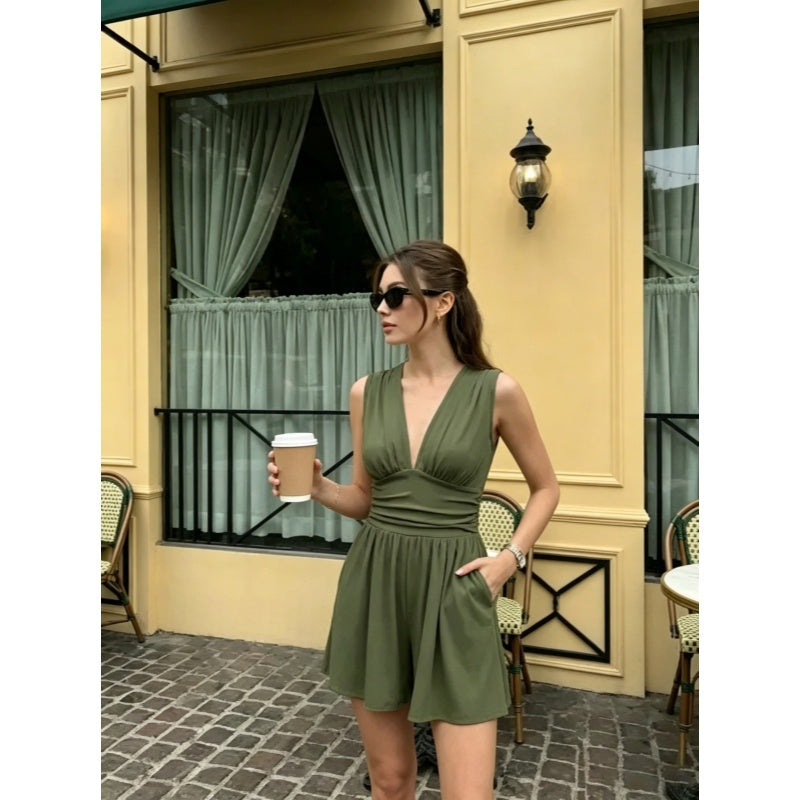 Ruched V Neck Sleeveless Romper