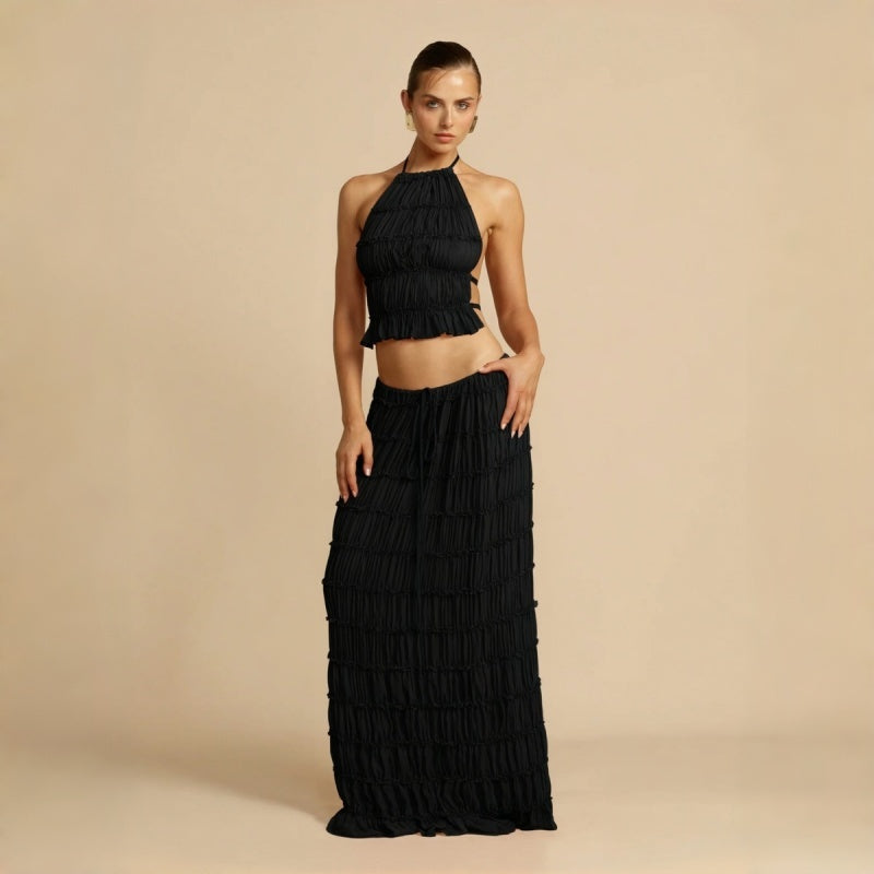 Backless Halter Lace Trim Maxi Dress