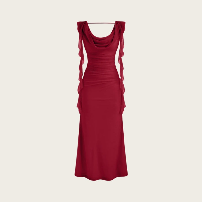 Ruched Ruffle Backless Maxi Dress