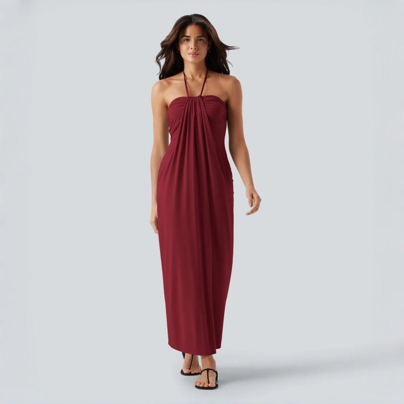 Backless Halter Tie Pocket Maxi Dress