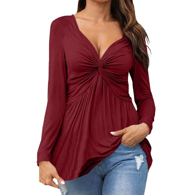 Ruched V Neck Tie Front Top