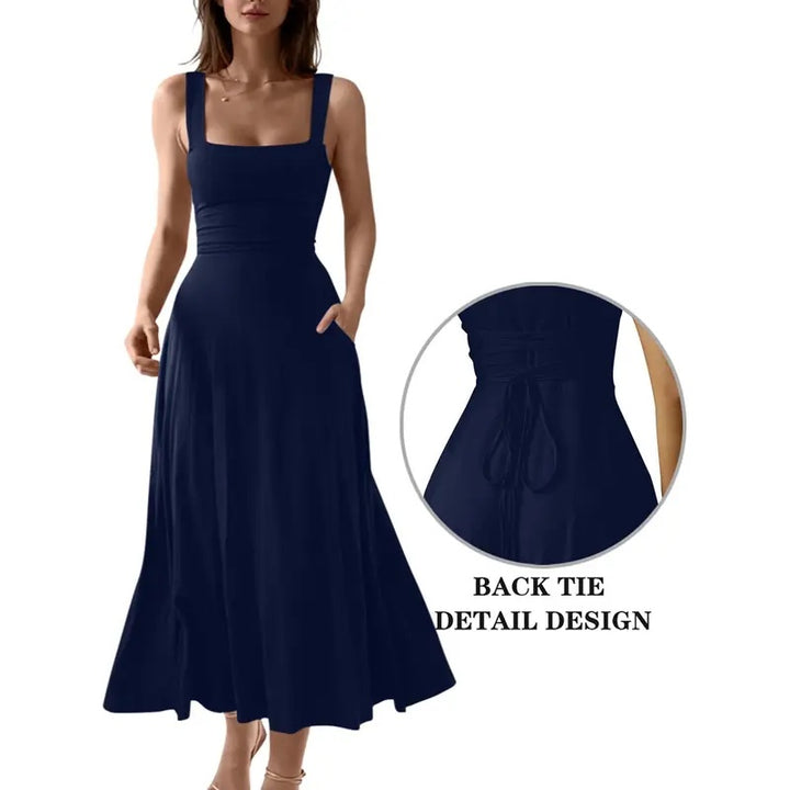 Square Neck Back Tie Pocket Maxi Dress