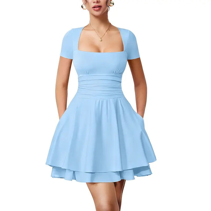 Square Neck Ruffle Pocket Mini Dress