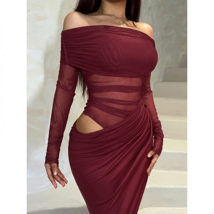 Off Shoulder Sheer Mesh Maxi Dress