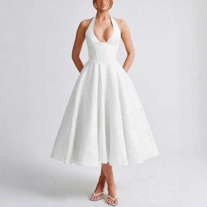 Halter V Neck A Line Midi Dress