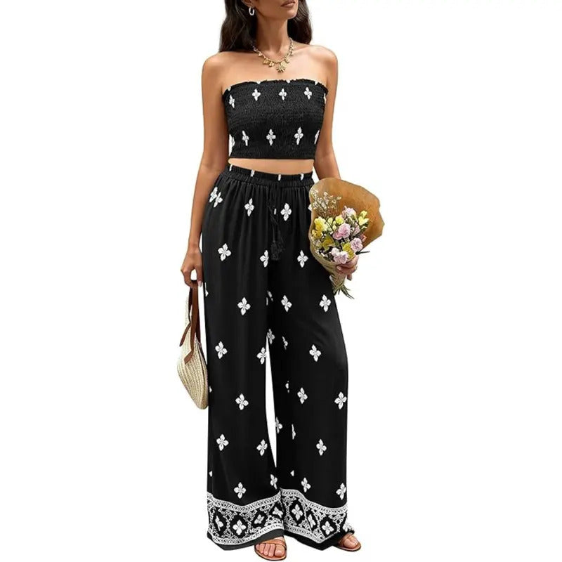 Boho Print High Waist Wide Pants Set