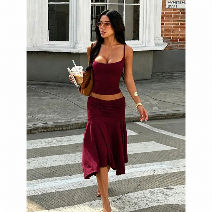 Halter Crop Top Pleated Skirt Set