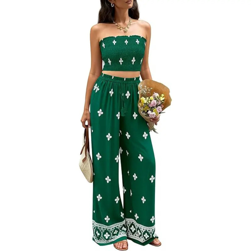 Boho Print High Waist Wide Pants Set