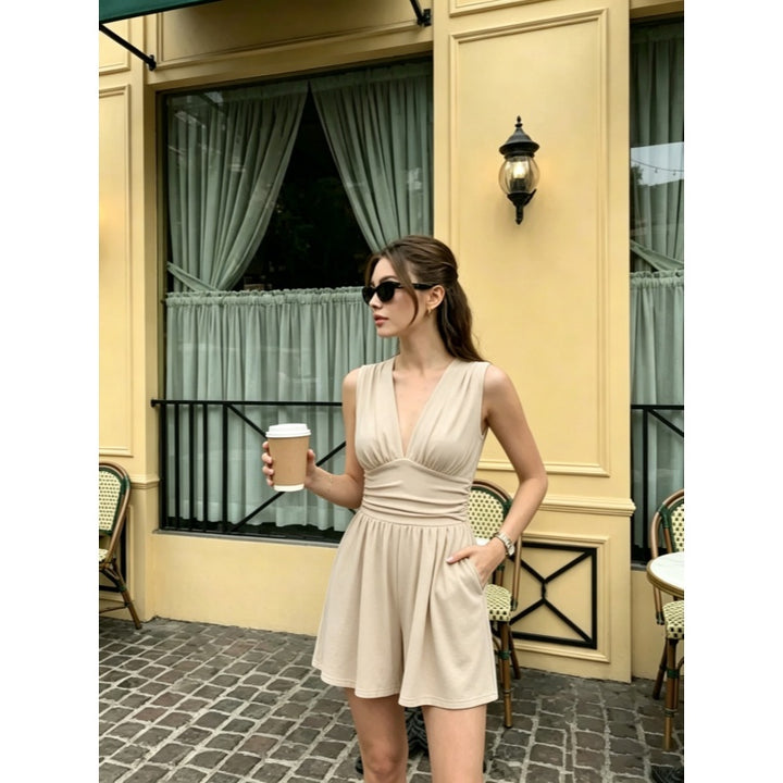 Ruched V Neck Sleeveless Romper