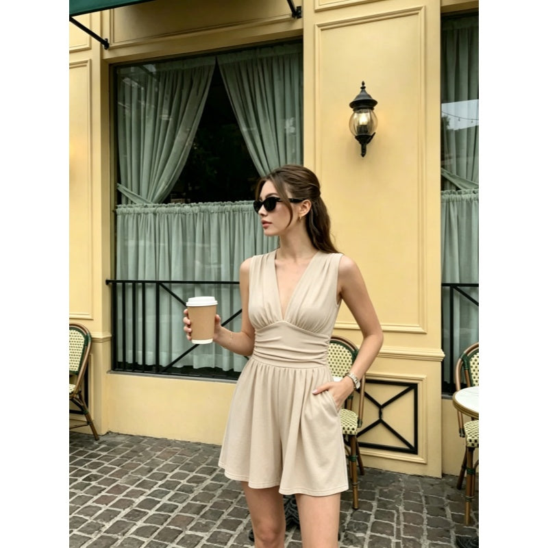 Deep V Ruched Waist Romper