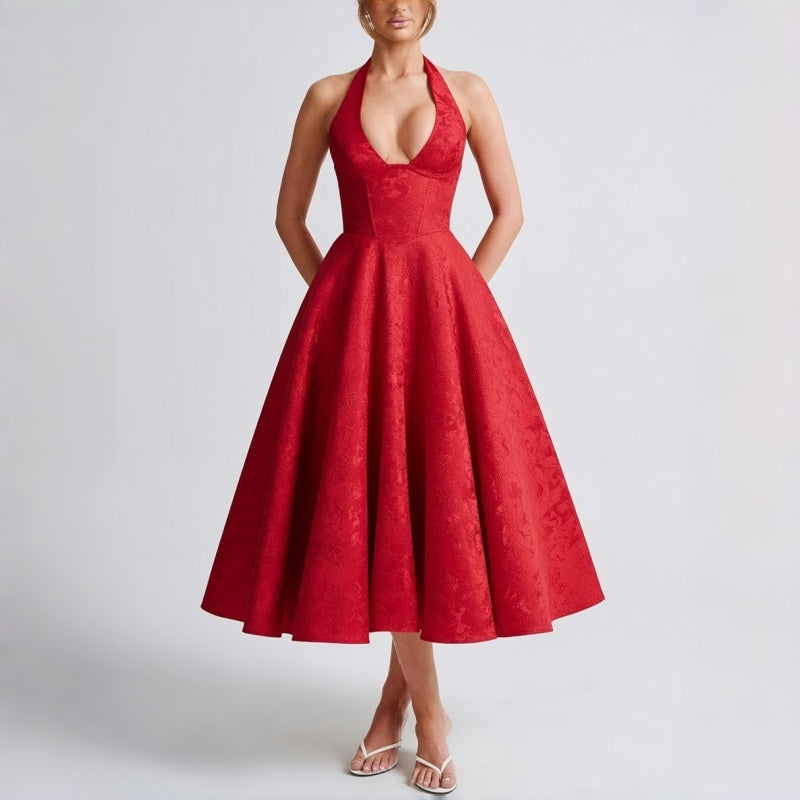 Halter V Neck A Line Midi Dress