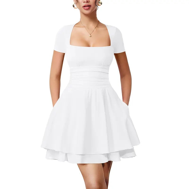 Square Neck Ruffle Pocket Mini Dress