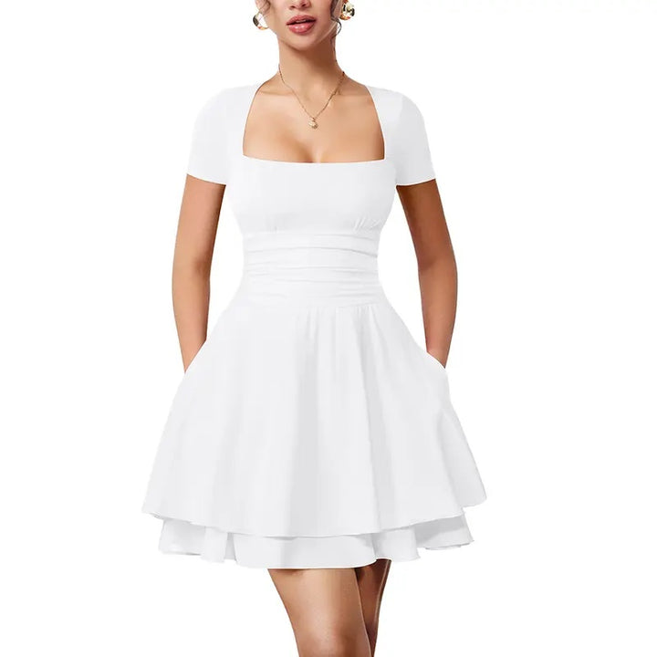 Square Neck Ruffle Pocket Mini Dress