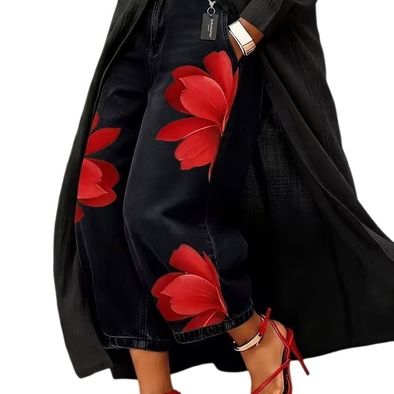 Floral Print Wide Leg Denim Look Pants