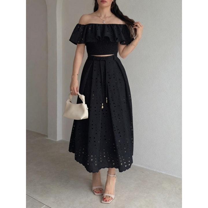 Off Shoulder Cutout Ruffle Skirt Set