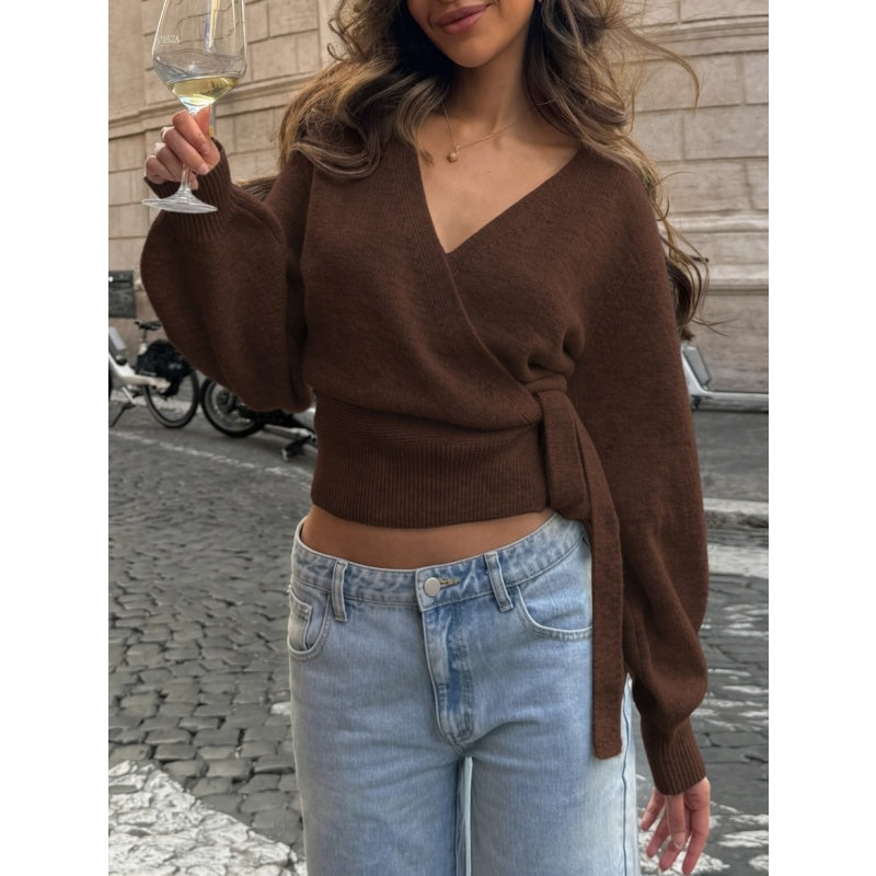 Wrap V Neck Knit Top
