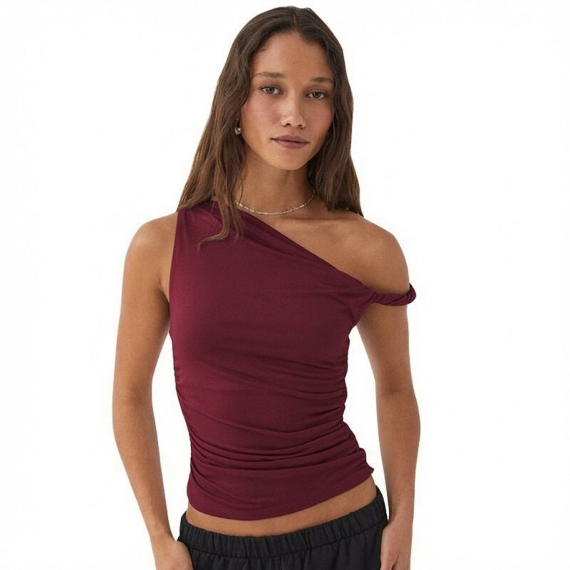 Ruched Asymmetrical Shoulder Top