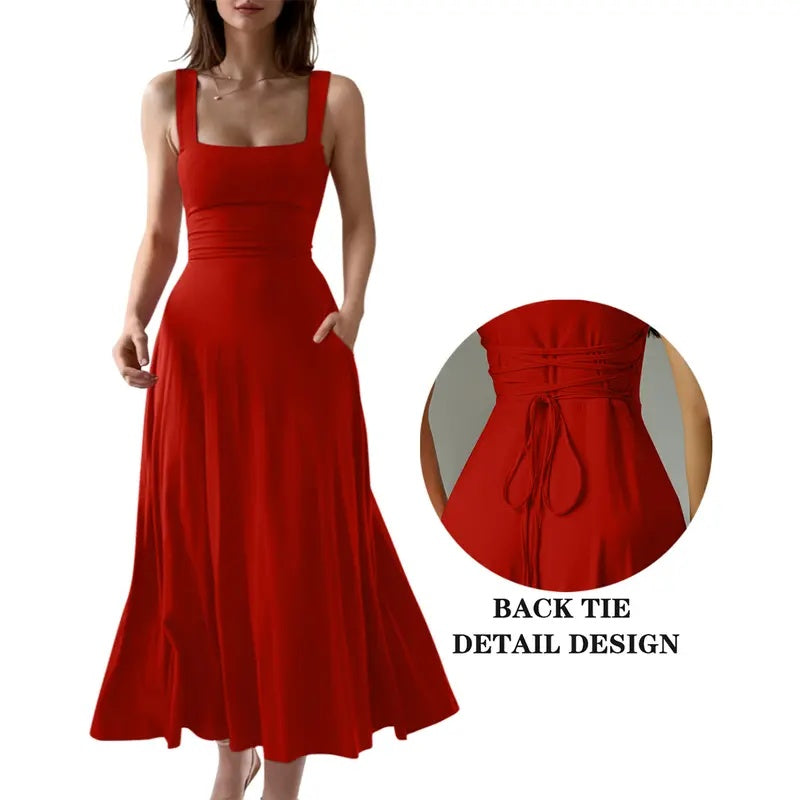 Square Neck Back Tie Pocket Maxi Dress