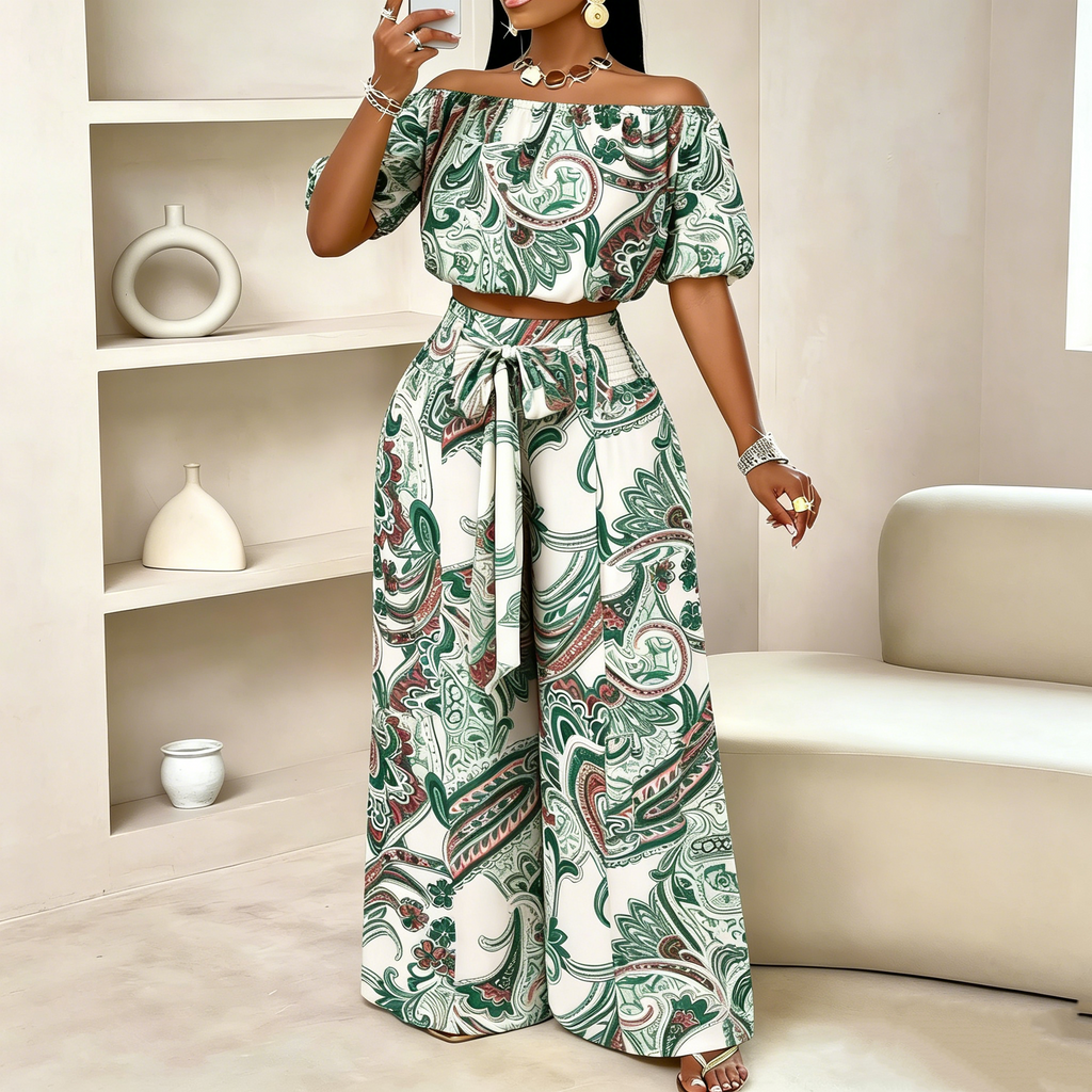 Paisley Off-Shoulder Wide-Leg Set
