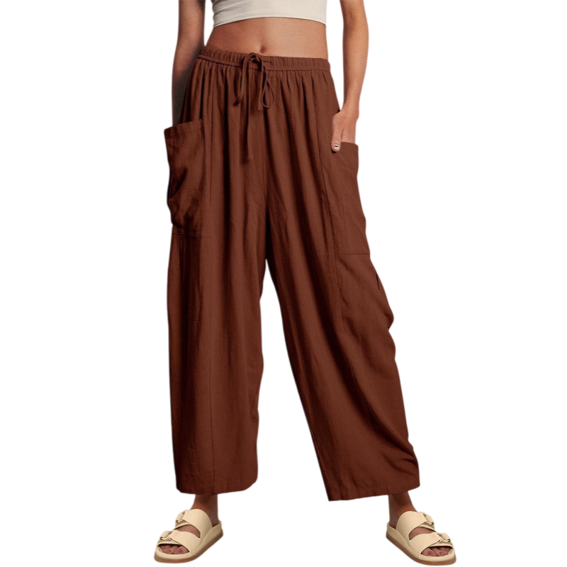 Pleated Mid Rise Elastic Waist Cropped Pants
