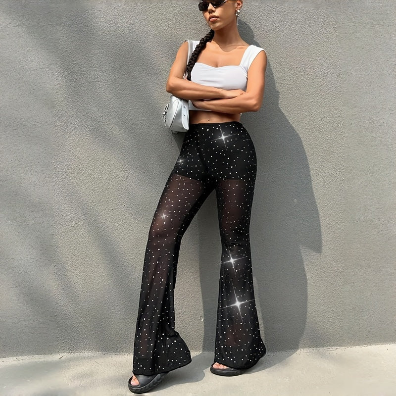 High Waist Sequin Mesh Polka Dot Flare Pants