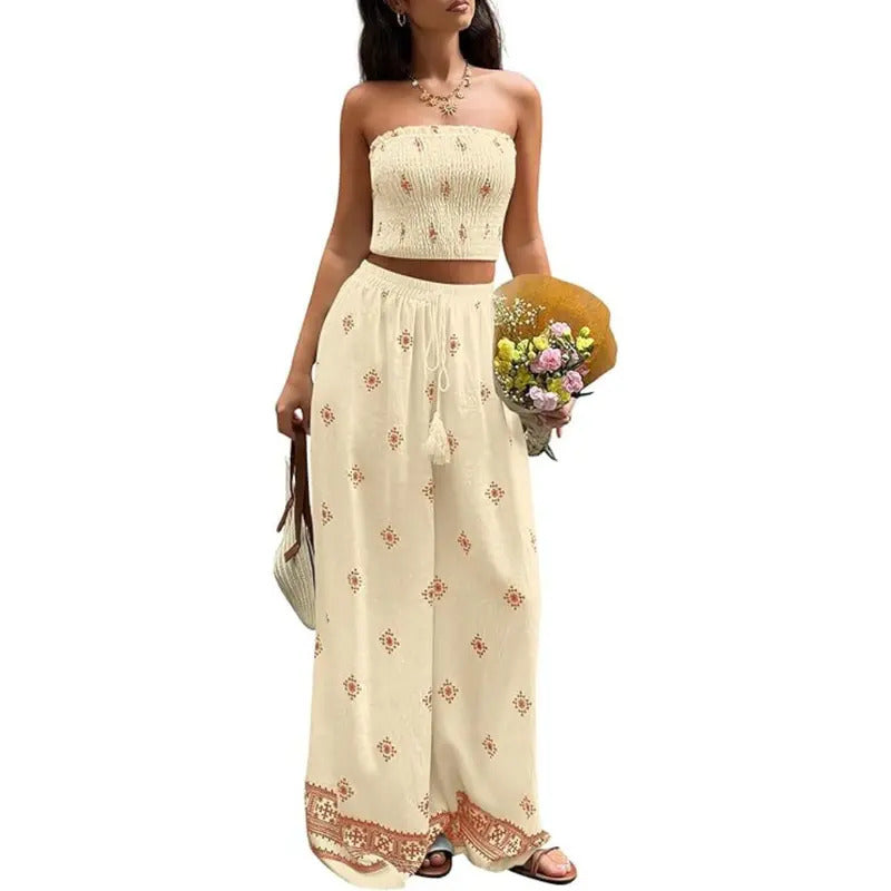 Boho Print High Waist Wide Pants Set