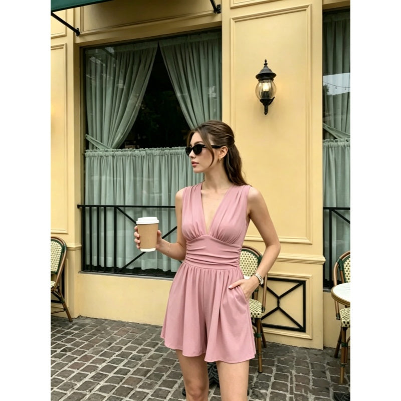 Ruched V Neck Sleeveless Romper