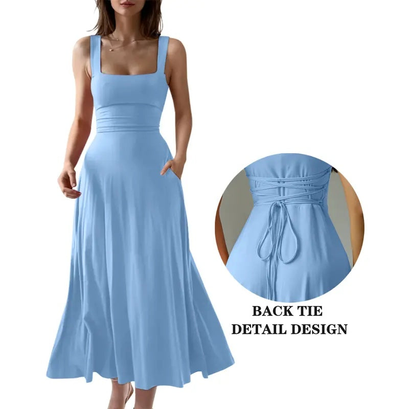 Square Neck Back Tie Pocket Maxi Dress