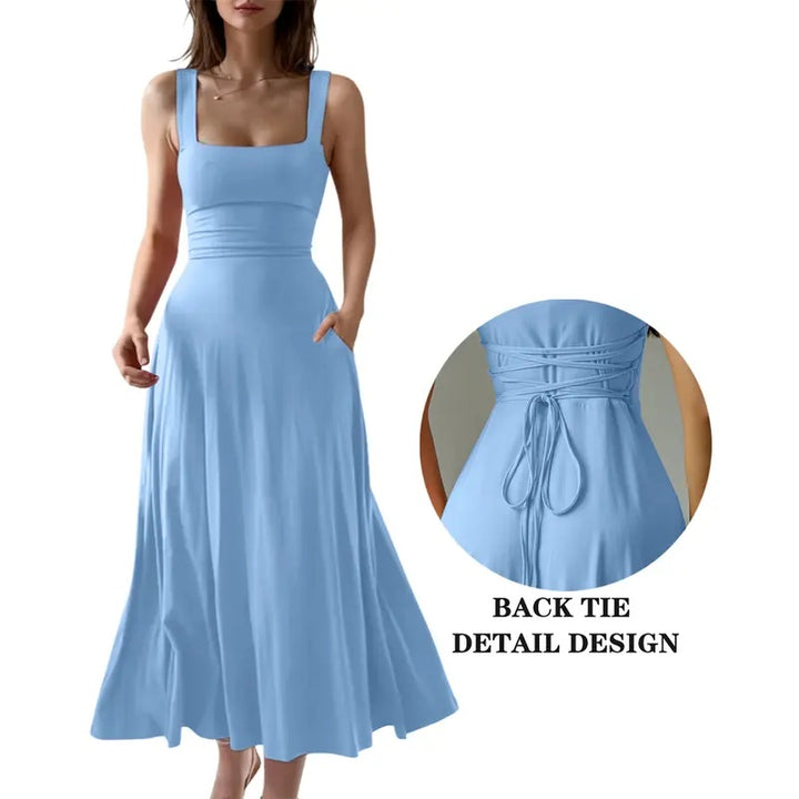 Square Neck Back Tie Pocket Maxi Dress