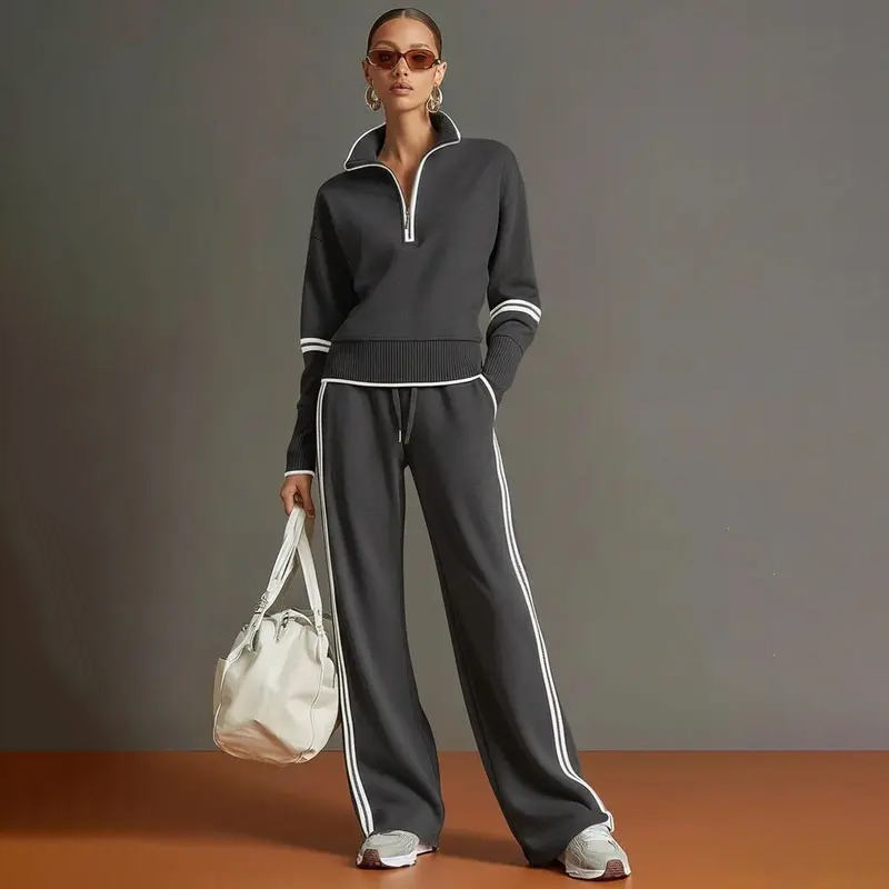 Half Zip Sweatshirt Wide Leg Set