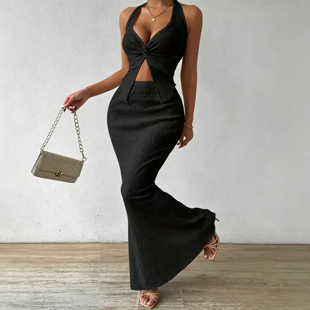 Elegant Halter Midi Skirt Set
