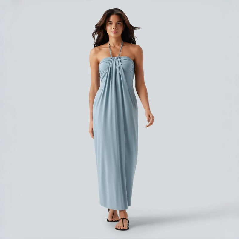 Backless Halter Tie Pocket Maxi Dress